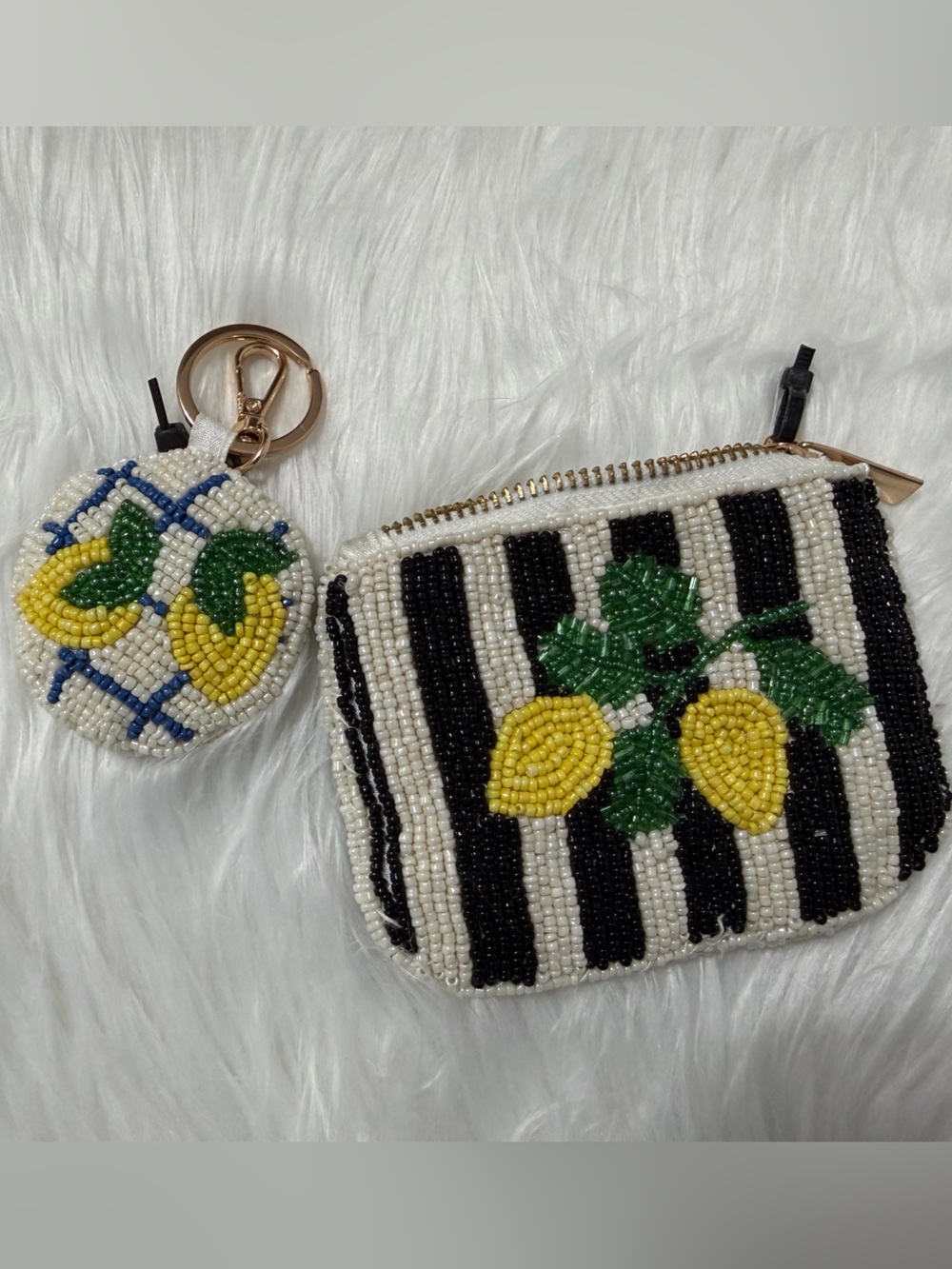 Rachel Zoe Beaded Lemon Stripe Coin Purse and Key Pouch Handmade Hand-beaded